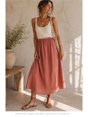 Dusty Rose Linen Midi Skirt A-Line Minimalist Elastic Waist XS